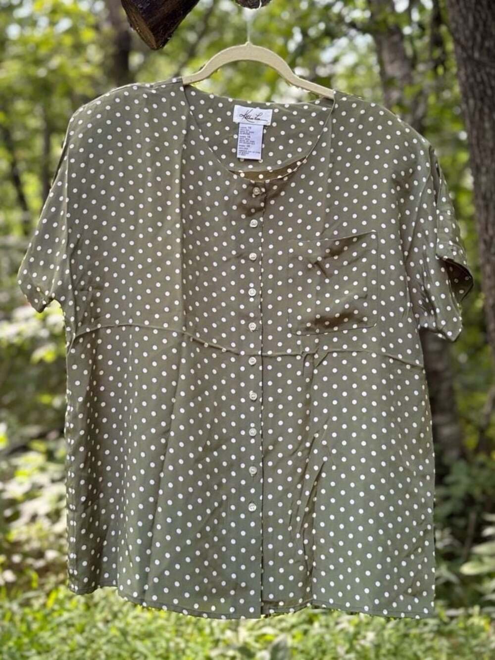 Silk Women's Olive Green Polka Dot Button Down Blouse